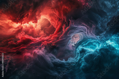 A striking image of scarlet red and midnight blue waves, their fierce clash creating a visual representation of a cosmic storm.