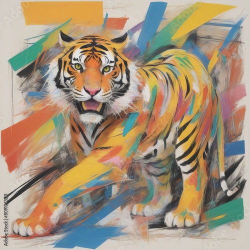 Color art lion with a tattoo created with generative AI software