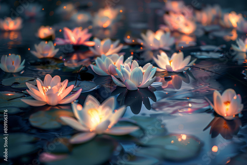 A beautiful image of a pond filled with white flowers