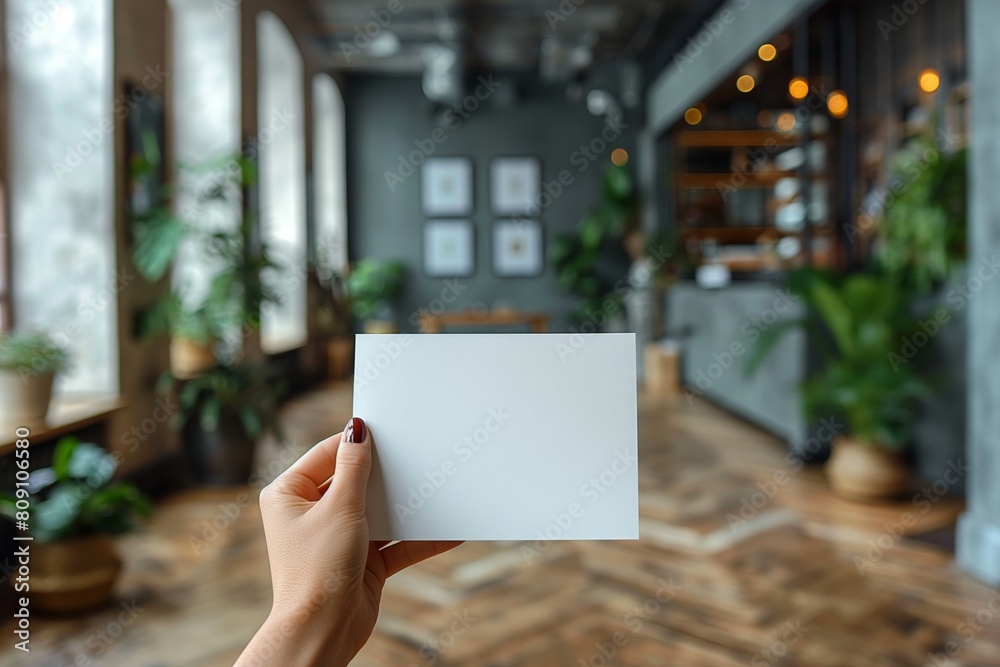 Hand holding small blank card in cafe setting Hand holding small blank card in cafe setting