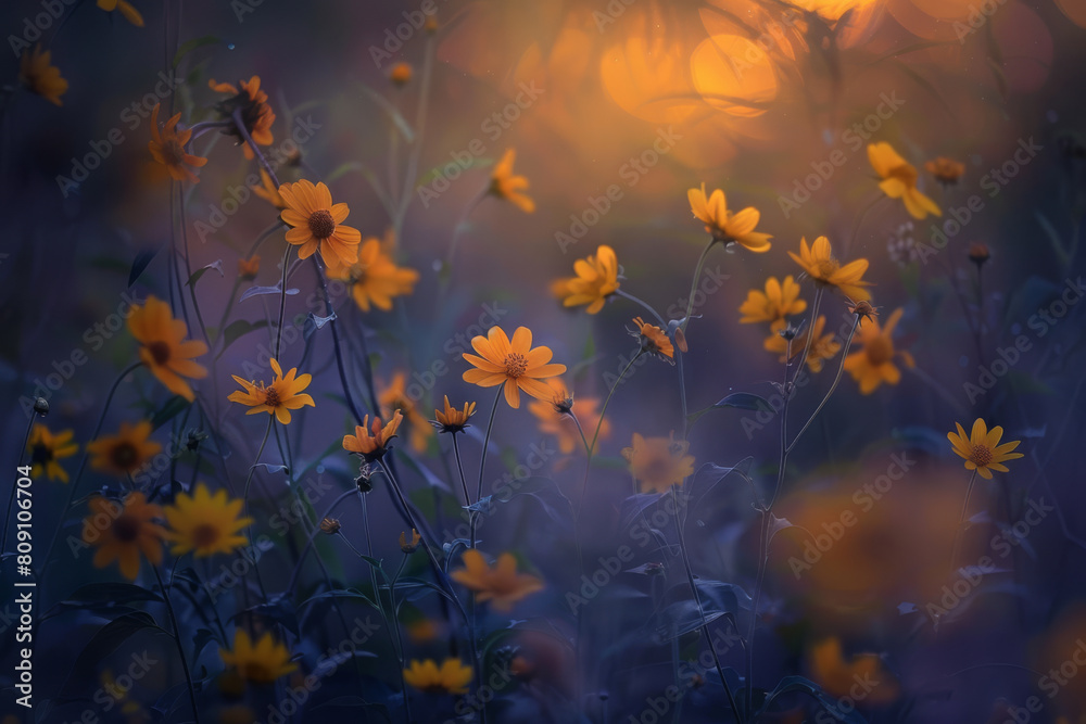 Enchanting Golden Hour with Blooming Wildflowers in a Mystic Field Enchanting Golden Hour with Blooming Wildflowers in a Mystic Field