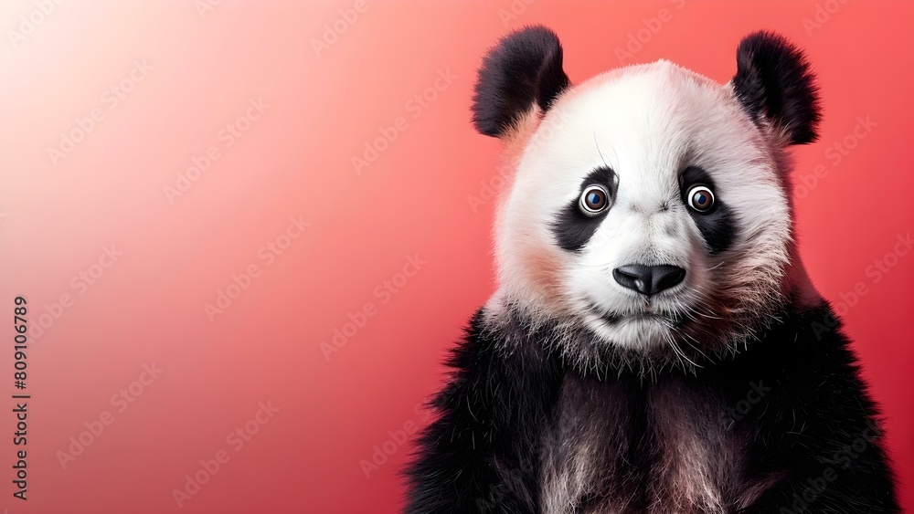 Adorable and Amusing Panda with Wide Eyes on a Pink Background. Concept Cute Animals, Wide-eyed Panda, Pink Background, Adorable Poses, Humorous Expressions Adorable and Amusing Panda with Wide Eyes on a Pink Background. Concept Cute Animals, Wide-eyed Panda, Pink Background, Adorable Poses, Humorous Expressions