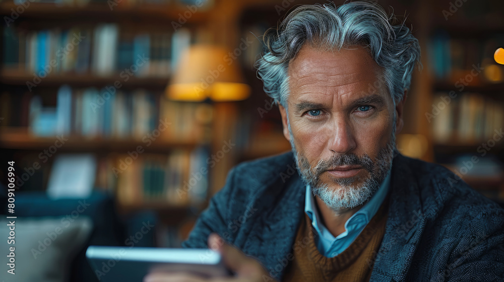 Senior businessman using a tablet in a modern restaurant Senior businessman using a tablet in a modern restaurant