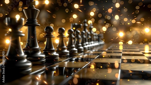 3D render of a competitive chessboard with team contestants in dark background. Concept Chessboard Rendering, Team Contestants, 3D Visualization, Dark Background photo