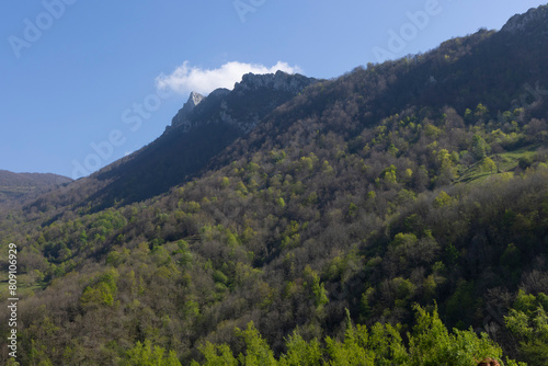Mountain landscape with peak and cloud on a bright sunny spring day with green vegetation and blue sky in Picos de Europa National Park