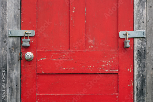 red door lock padlock wooden painted crackeling paint security private do not enter forbidden