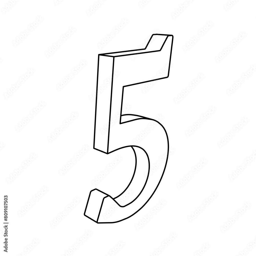 The outline of a large number five symbol is made with black lines. 3D view of the object in perspective. Vector illustration on white background The outline of a large number five symbol is made with black lines. 3D view of the object in perspective. Vector illustration on white background