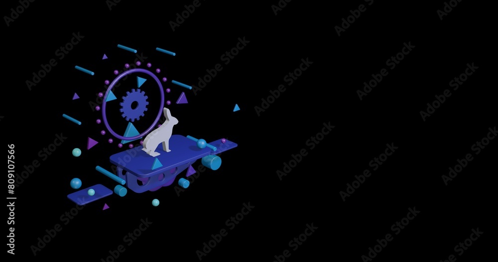 White hare symbol on a pedestal of abstract geometric shapes floating in the air. Abstract concept art with flying shapes on the left. 3d illustration on black background White hare symbol on a pedestal of abstract geometric shapes floating in the air. Abstract concept art with flying shapes on the left. 3d illustration on black background