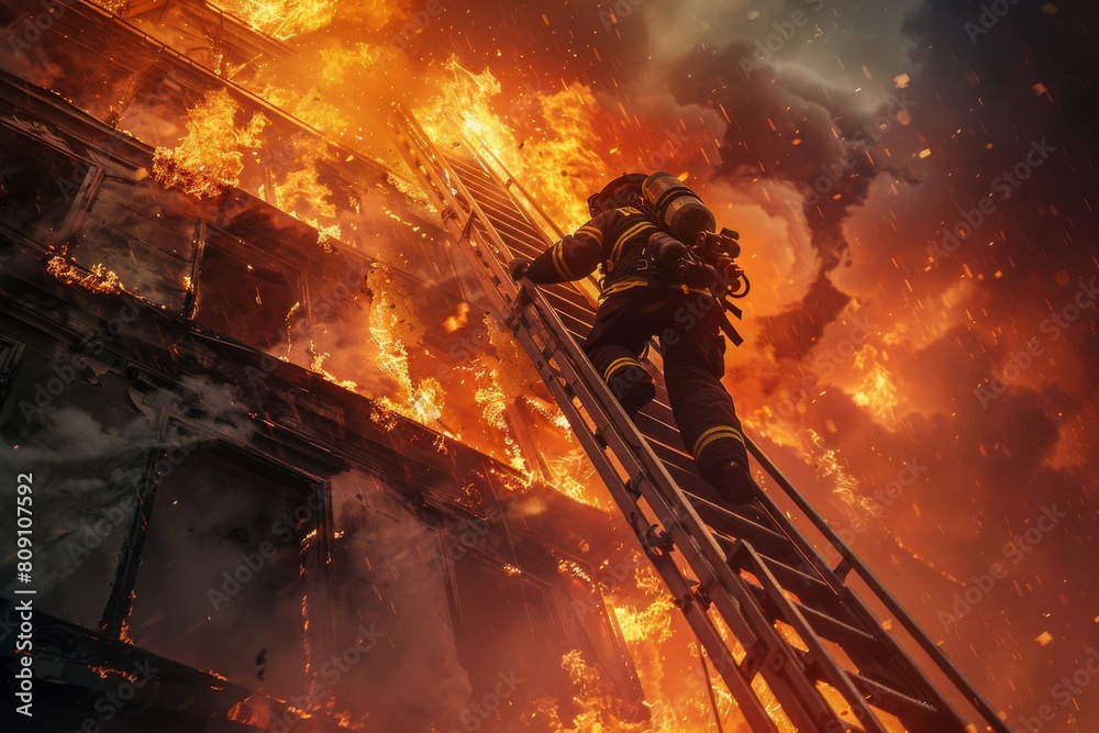 A firefighter ascends a ladder amidst a fierce blaze, with flames and sparks engulfing a burning building in a dramatic rescue effort.
A firefighter ascends a ladder amidst a fierce blaze, with flames and sparks engulfing a burning building in a dramatic rescue effort.
