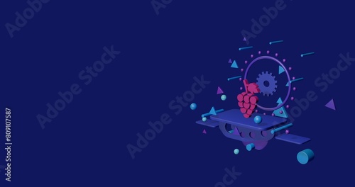 Pink grapes symbol on a pedestal of abstract geometric shapes floating in the air. Abstract concept art with flying shapes on the right. 3d illustration on indigo background