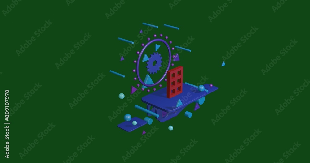 Red office building symbol on a pedestal of abstract geometric shapes floating in the air. Abstract concept art with flying shapes in the center. 3d illustration on green background Red office building symbol on a pedestal of abstract geometric shapes floating in the air. Abstract concept art with flying shapes in the center. 3d illustration on green background
