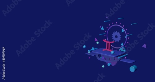 Pink zodiac gemini symbol on a pedestal of abstract geometric shapes floating in the air. Abstract concept art with flying shapes on the right. 3d illustration on indigo background