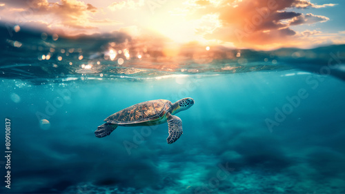 An endangered turtle swims in the warm waters of the Pacific Ocean. planet pollution and animal extinction, turtle extinction photo