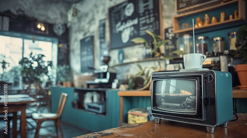 Vintage Portable TV and Coffee Cup in a Stylish Coffee Shop Ambiance