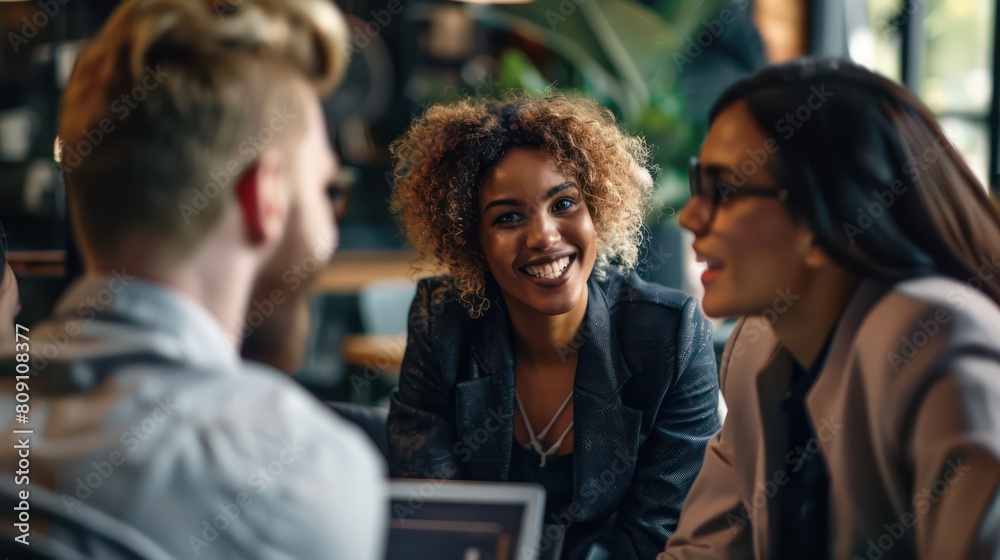 A group of three professionals engaged in a lively discussion at a cafe A group of three professionals engaged in a lively discussion at a cafe