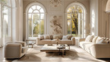 Elegant Traditional Living Room with Arched Windows and Classic Furniture