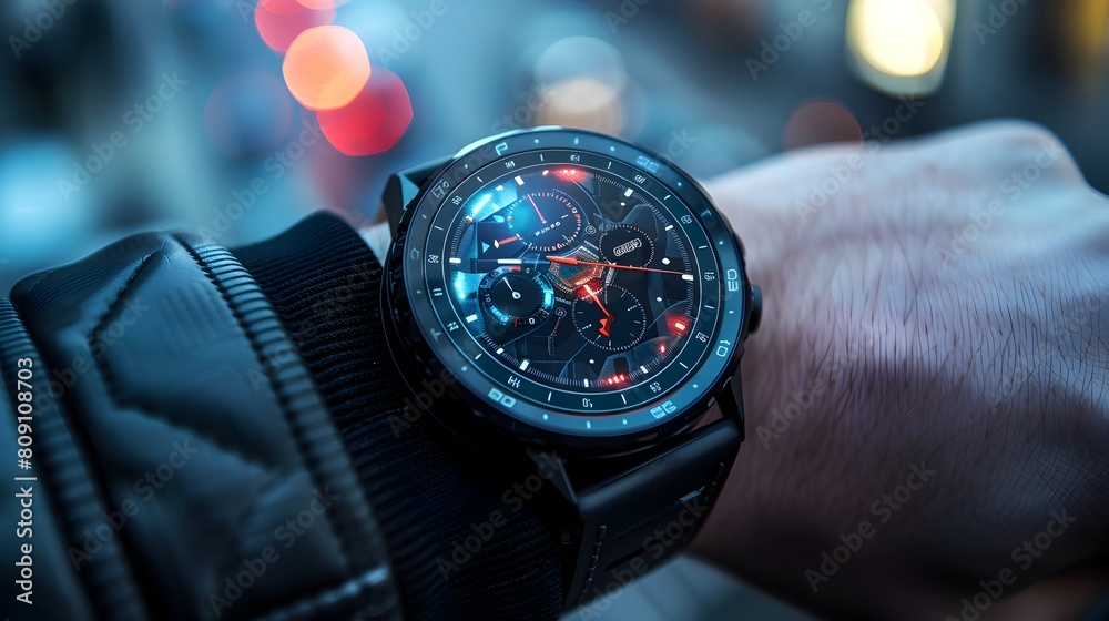 Sleek Smartwatch with Dynamic Interface Graphics for Product Presentation Concept Sleek Smartwatch with Dynamic Interface Graphics for Product Presentation Concept