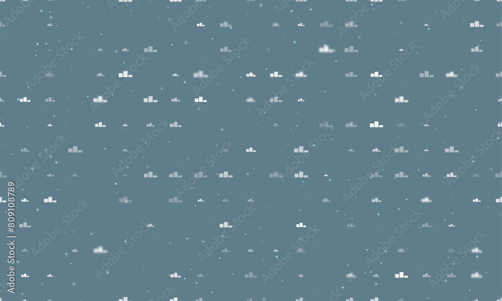 Seamless background pattern of evenly spaced white winners podium symbols of different sizes and opacity. Vector illustration on blue grey background with stars