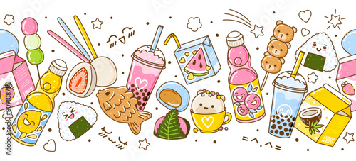 Seamless horizontal border with cute asian food elements - cartoon illustration of traditional japanese sweets and drinks isolated on white background for Your kawaii design