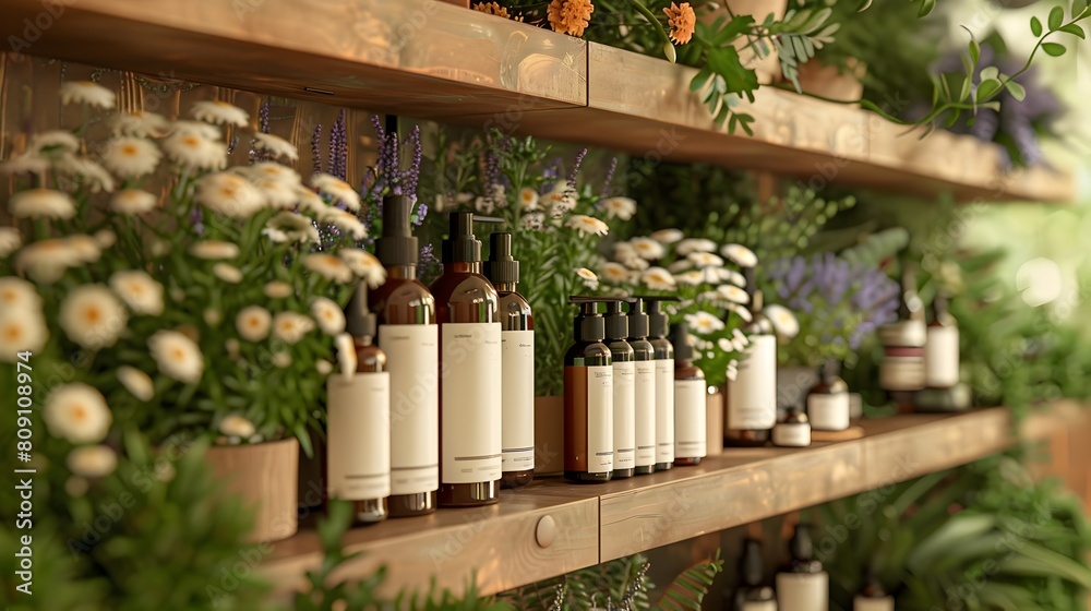 Organic Beauty Products on Wooden Shelves Surrounded by Lush Green Plants and Blooming Flowers Natural Wellness Concept for Spa Salon or Boutique