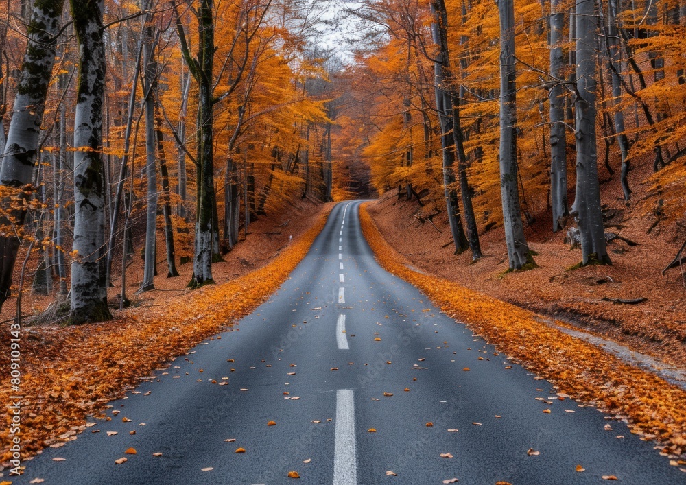 A road devoid of traffic in a dense forest setting