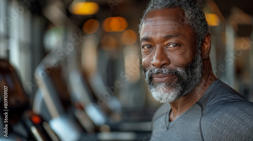 Fit middle-aged black man smiling in a gym setting © Сергей Шипулин
