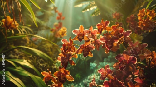 Vibrant Orange Orchids Bathed In Golden Light Amidst Tropical Foliage. Generative AI photo