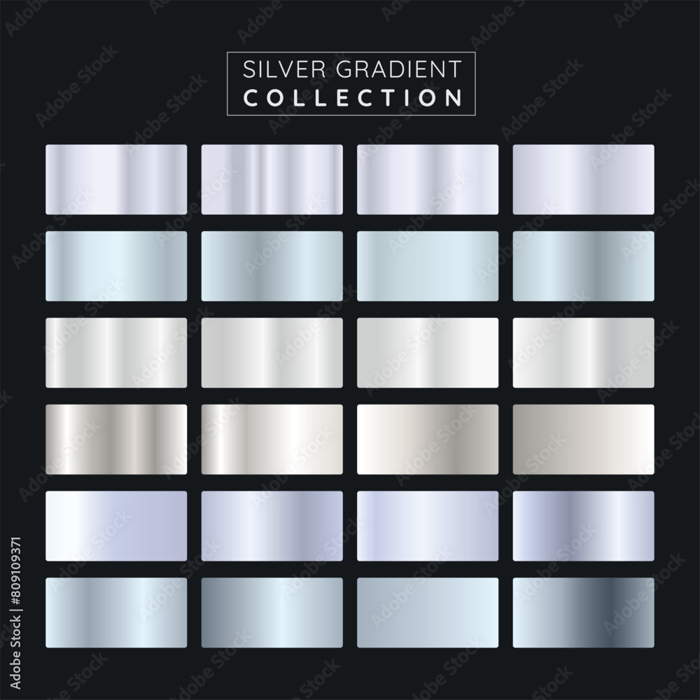 Collection of silver, chrome metallic gradient. Brilliant plates with silver effect. Vector illustration.