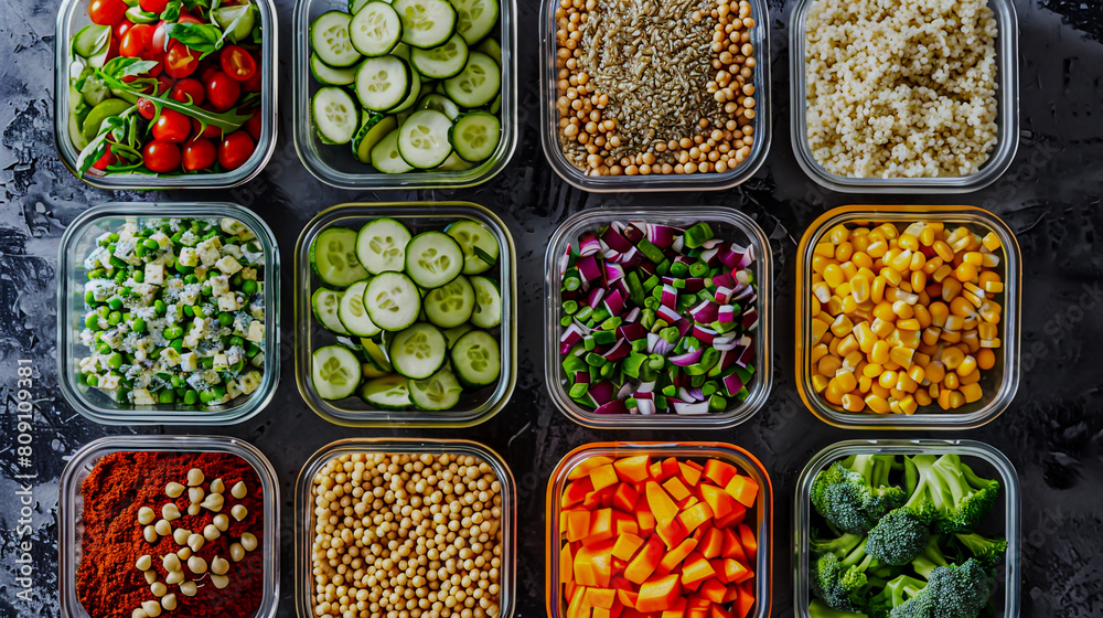 Plantbased diet meal prep, variety of vibrant vegetables and grains, focus on health and nutrition Plantbased diet meal prep, variety of vibrant vegetables and grains, focus on health and nutrition