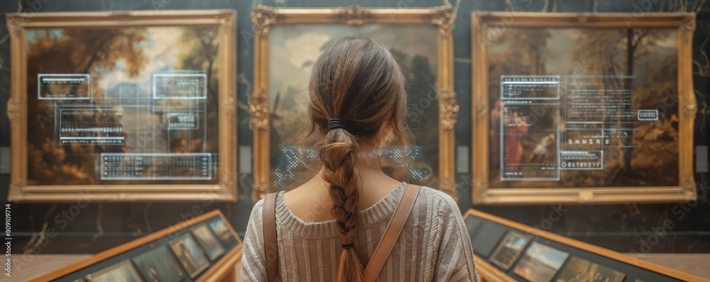 Woman viewing classical artwork with modern HUD Woman viewing classical artwork with modern HUD