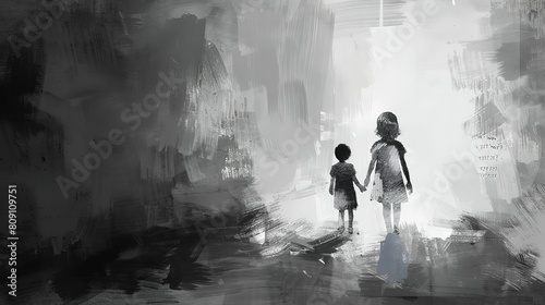 artful graffiti style illustration, children dream and hope concept, young child with messy grungy wall, Generative Ai