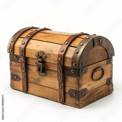 3d wooden vintage closed treasure chest isolated on white, for adventure, pirate secret treasure, game treasure hunt concept.