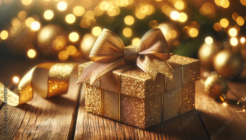 Festive Christmas scene with a gold glittery gift box adorned with a golden ribbon bow on a wooden surface. The background features a softly blurred Festive Christmas scene with a gold glittery gift box adorned with a golden ribbon bow on a wooden surface. The background features a softly blurred