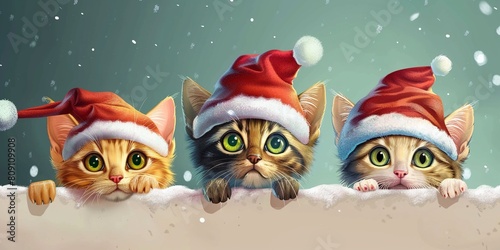 Three cute cartoon Christmas celebration colorful kittens peeping above empty banner on snowy background, Merry Christmas concept, Santa's pet cats gift.