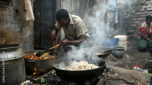 Cooking a Hearty Meal in a Makeshift Outdoor Kitchen in an Impoverished Community photo