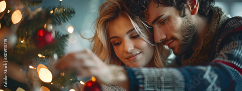 Love and Christmas: couple in love near the Christmas tree.