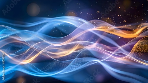 Abstract Futuristic Background with Gold and Blue Neon Wave Lines and Bokeh Lights. Concept Abstract, Futuristic, Background, Gold, Blue, Neon, Wave Lines, Bokeh Lights