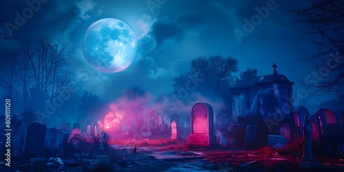The Graveyard Transforms into an Eerie Yet Enchanting Scene of Spirits Under the Full Moon. Concept Halloween Photoshoot, Spooky Setting, Full Moon Magic, Enchanting Atmosphere