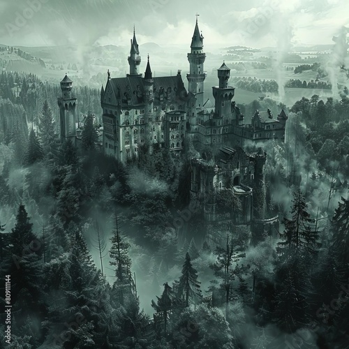 Experience a birds-eye view of horror thrills intertwined with architectural wonders Picture a haunting gothic castle in monochromatic tones revealing the psychology of fear