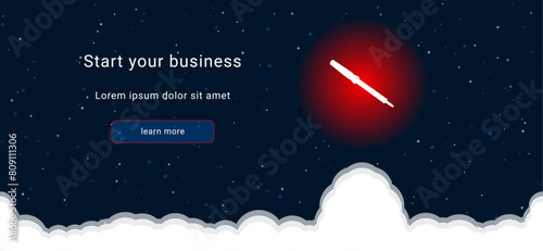 Business startup concept Landing page screen. The soldering iron symbol on the right is highlighted in bright red. Vector illustration on dark blue background with stars and curly clouds from below