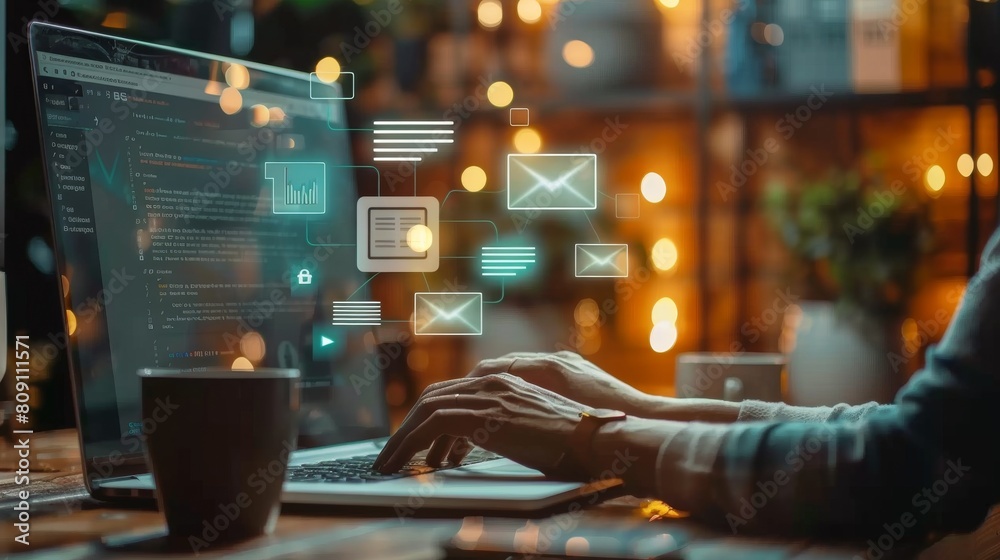 A person is typing on a laptop with a cup of coffee next to them A person is typing on a laptop with a cup of coffee next to them