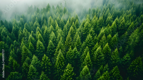 Aerial view of a dense evergreen forest shrouded in fog, showcasing a diverse mix of terrestrial plants such as spruce, fir, shrubs, and grass