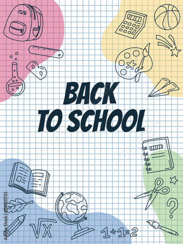 Back to School Vertical Poster. Hand drawn school subjects in doodle style. Back to School Sale Banner Template