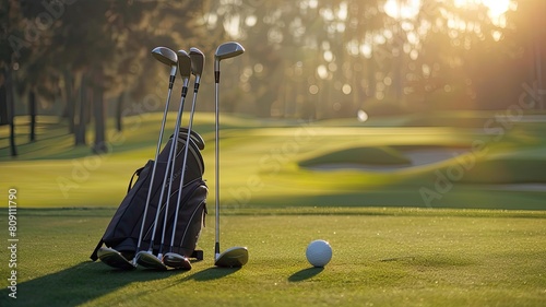 A golf set leaning against a golf bag
