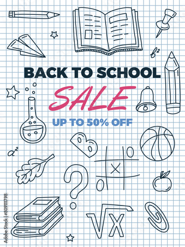 Back to School Vertical Poster. Free drawing of school subjects on checkered sheet of notebook. Back to School Sale Banner Template