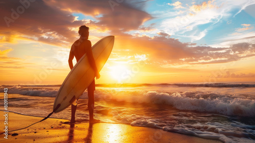 A surfer stands on the beach holding a surfboard photo