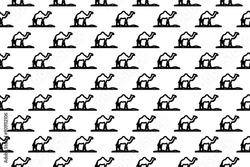 Seamless pattern completely filled with outlines of wild camel symbols. Elements are evenly spaced. Illustration on transparent background