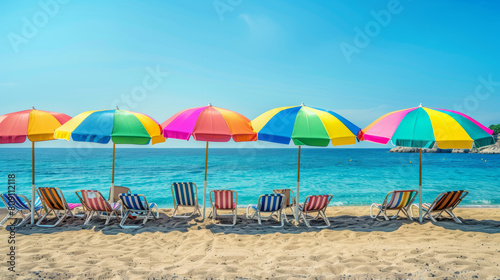 A beach scene with colorful umbrellas and chairs
