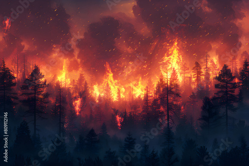 Illustration of a forest fire at night causing massive destruction due to global warming and human impact on the environment. #809112146