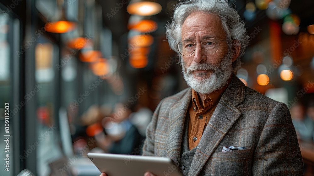 Senior businessman using a tablet in a modern restaurant Senior businessman using a tablet in a modern restaurant
